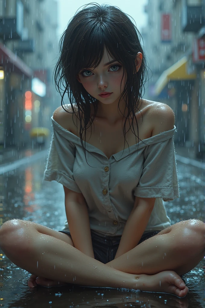 (Beautiful dark skinned Japanese woman 2 female Feeling embarrassed In the city Lightweight buttoned shirt No underwear my shirt stuck to my skin raindrop chest Squatting with nipples visible Panties)
