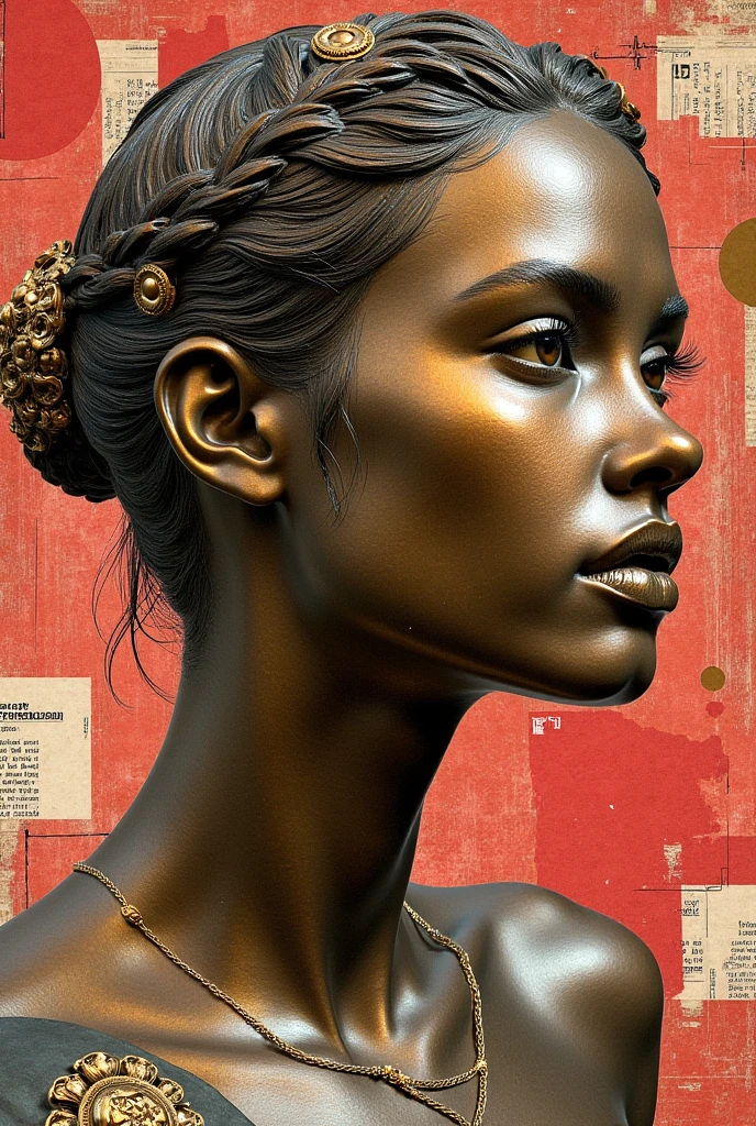 (8K,UHD, masterpiece, best quality in bronze, details: 1.3), female Model,collage art,(((((collage art:1.5))))), (((magazine art)))