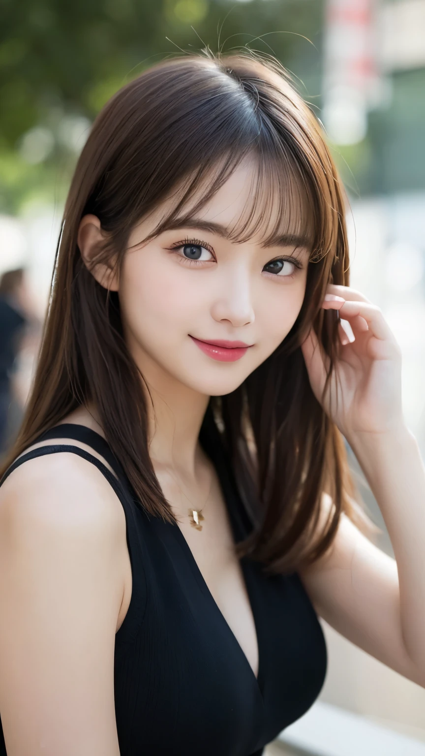 masutepiece, Best Quality, Illustration, Ultra-detailed, finely detail, hight resolution, 8K Wallpaper, Perfect dynamic composition, Beautiful detailed eyes, doress, short Hair, mid-chest, Natural Color Lip, Random and sexy poses,Smile, Blurred white photography studio background、20 years girl、Colossal 、Too much exposure、No shoulder knitwear(white)、Exposing the chest、Slid、I keep my hair tied up