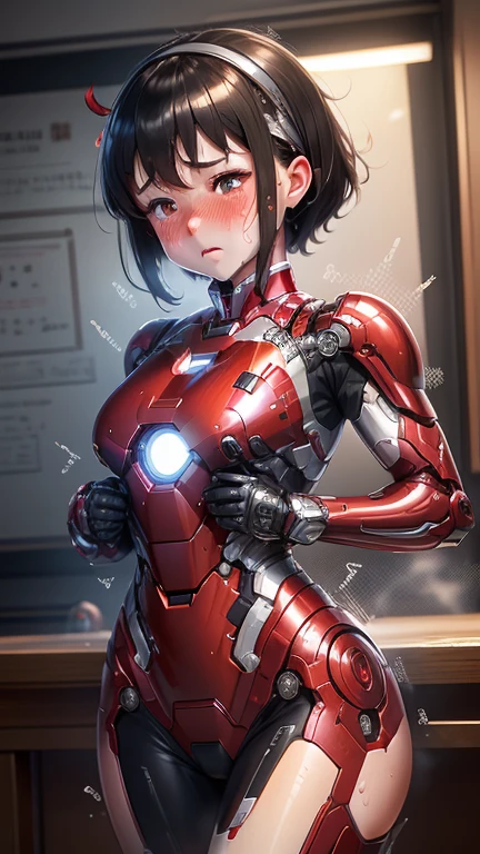 Highest quality　8k Full Body Iron Man Suit Girl　Glasses　cute　Elementary school girl　Sweaty face　Hot and tired look　Short Hair　boyish　Steam coming out of my head　My hair is wet with sweat　Black Hair　My upper body is soaked　 　I can see the vagina　　Face soaked　Spread your legs　　bright