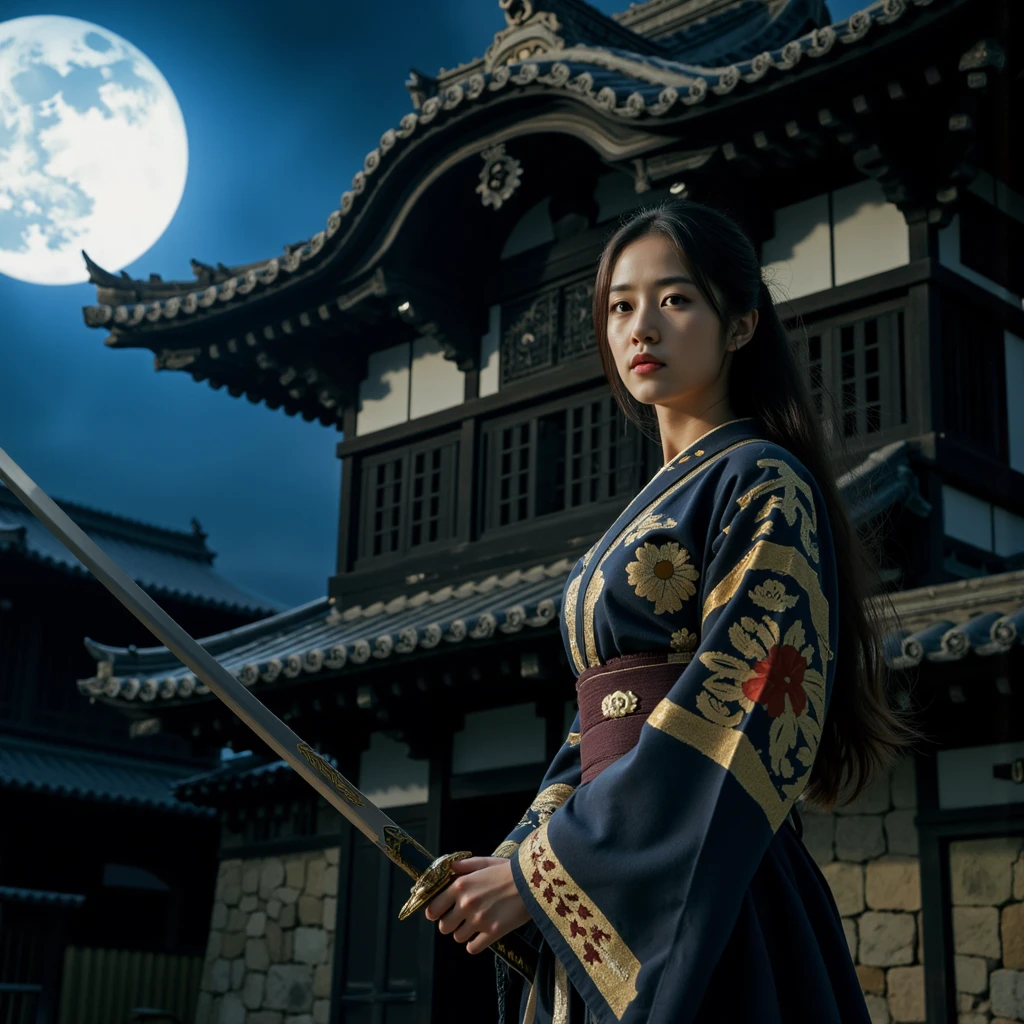 a fantastic cinematography style，Film Aesthetics， movie camera，Stills， realistic photography，Highest quality、 the most realistic 、 Most Professional Photography ，  A mysterious Japanese woman from the Edo period ,  long, flowing brunette , Gray skin, the asian woman holding a katana ,traditional Japanese castle at midnight . The castle's wooden structure is beautifully detailed ,has ancient beams and intricate textures , Soft moonlight illuminates . Weird atmosphere,  plus ethereal fog and strange light ， enhances the mysterious atmosphere .  high detail ,  cinematic lighting ,  and atmospheric tension .

， Rich and Deep Colors ，32k Quality 。 masterful photography composition ， Strong color atmosphere with warm and cold contrasts, Movie quality，dramatic，Storytelling， atmosphere under the stars，Emotional ， Lycra Textured Filters ， Film Filters ， Film Texture ，Photographic Works，realism,， Real People Shooting ， Dark and cool tones , A motion blur photograph with deliberate camera movement， Psychedelic Gradients ， film grain 、Light Leakage，Blues，night， background blur， movie camera，Melancholy atmosphere under the stars，Emotional Photographs ， Shattered Literary Sense ，A sense of decadence。