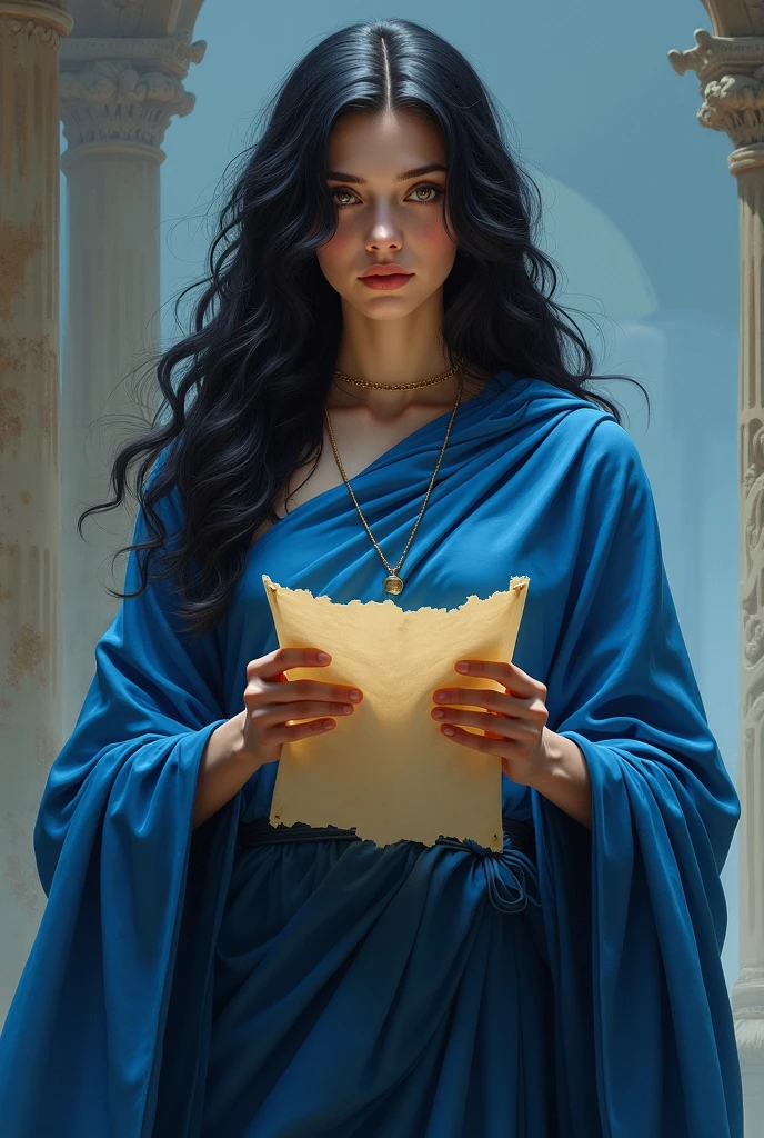 Create image of the beautiful black-haired muse Callíope ,Black eyes with blue cloak flowing robes parchment in hand
Looking at me