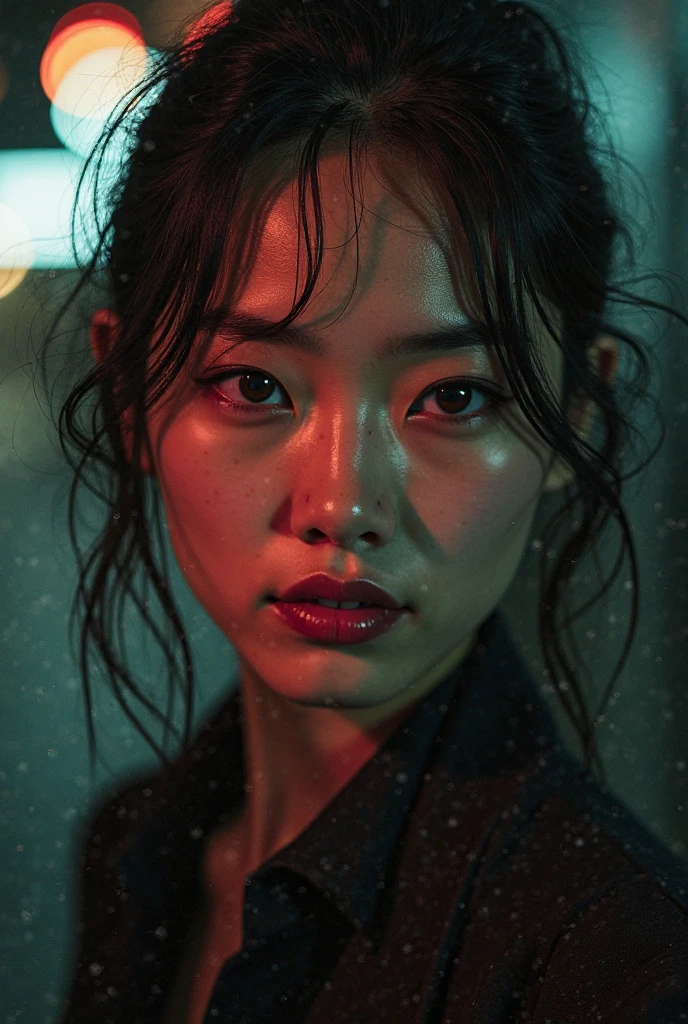 An Asian girl does a full body photo shoot in the theme of Darkside Killer while smiling facing the camera