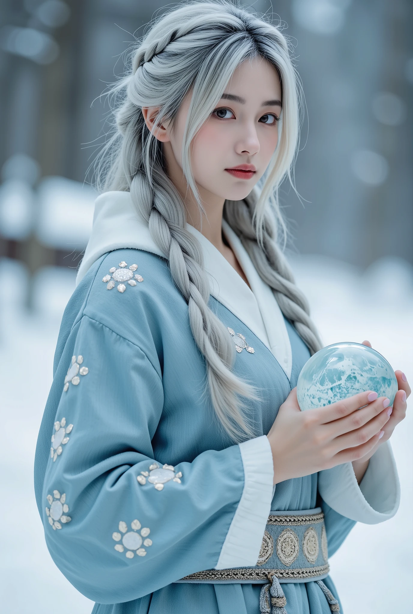 The silver-gray hair on the top of the head is as fluffy and elegant as the snow leopard's fur，Dotted with irregular dark gray spots。The hair ends are deliberately left a little messy，Just like the snow leopard's hair trembling slightly in the cold wind。 ◆Accessories design：A clear energy crystal ball is suspended around the waist，The cold blue energy of the plateau flows inside。The brocade belt below the crystal ball，Embroidered with patterns of snowflakes and snow leopard totems。 ◆Color design：The main colors are glacier blue and snowfield white，The cold feeling of the snow leopard's habitat is created through the gradient of cold colors of varying depths。Partially decorated with champagne gold，It's like the fine light of winter sunshine falling on the ice crystals of the plateau，Adds a touch of sacredness to the overall shape。 ◆Clothing design：Reconstructed and tailored based on the local clothing style of the plateau，The collar and cuffs are decorated with snow The pattern of leopard paw prints。Shoulders covered with snow，There is a hidden secret in it - a little snow leopard curled up in it。 ◆Weapon design：The whole body is made of special glass forging，The crystal clear material contains a miniature landscape of the holy land of snow。The core of the weapon is inlaid with a finely carved octahedral snowflake crystal，Slowly rotating and shining。Surface covered with white snow，More in line with the snow leopard's camouflage and stealth hunting mode。The weapon also pays tribute to the rangers who have been guarding the plateau from the past to the present。