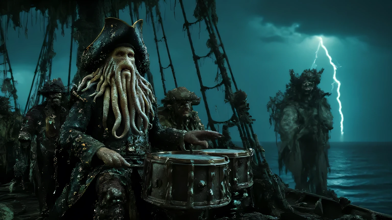 Captain Davy Jones the octopus-headed pirate sitting on the ghost ship Flying Dutchman, playing an ancient drum set, dark stormy sky filled with lightning, floating ghostly spirits surrounding the ship, gothic style, highly detailed, cinematic lighting, 8K ultra HD --v 5 --ar 16:9 --style raw
