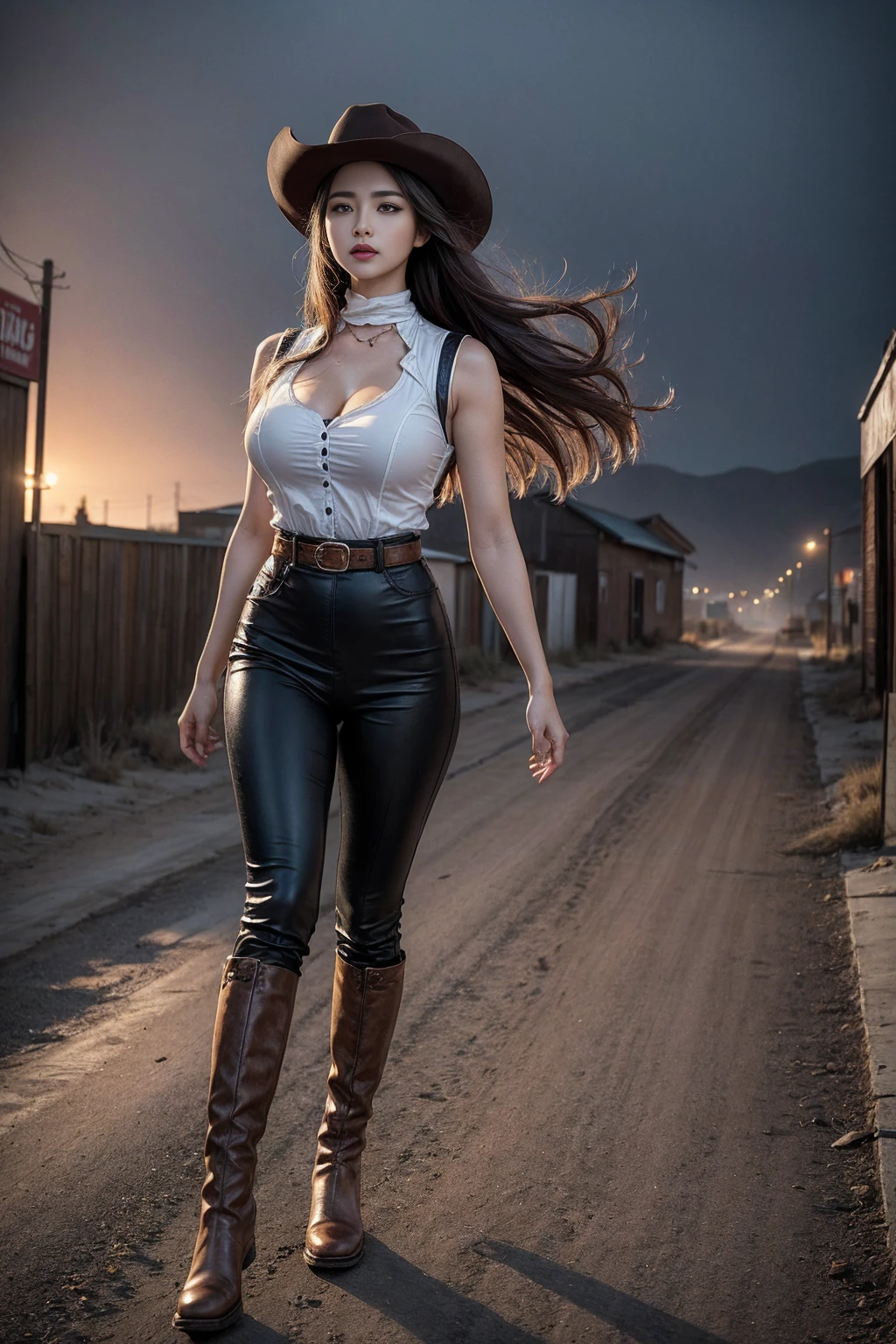 Full body cowboy woman circa 1880s, Brown long straight hair, Brown eyes, High arched eyebrows, Slender and graceful neck, Red lips, Large Breasts, Brown Leather Tights, Sleeveless Brown Leather Vest, Leather Boots, Walking on the dusty sandy streets of a deserted North American town,The wind blew through her hair, Practical, photoPractical, photoPractical, fear, Dark gloomy atmosphere and dramatic lighting, dark red, Foggy environment, Detailed facial expressions, Terrible fog