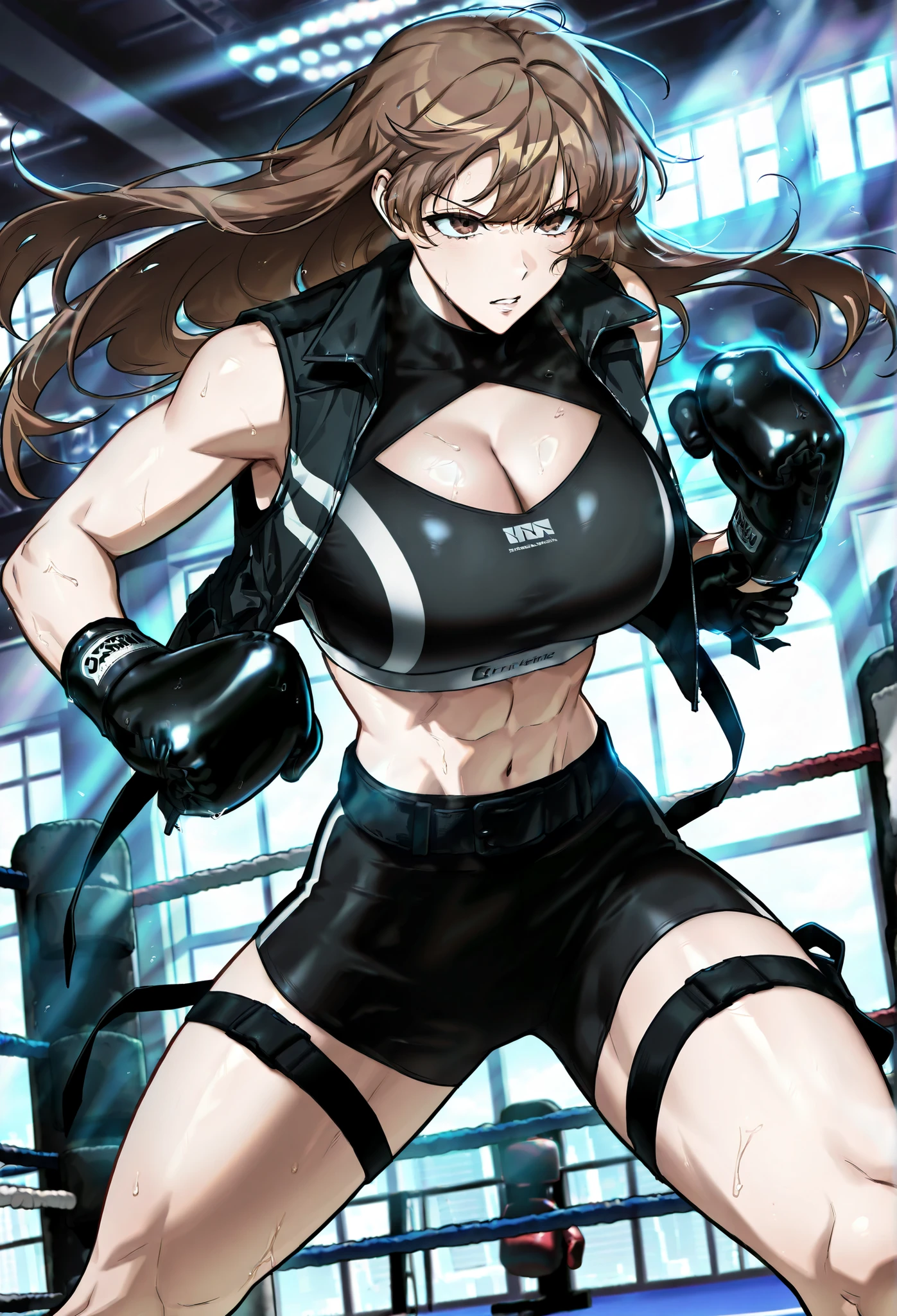 masterpiece, best quality, amazing quality, very aesthetic, absurdres, newest, scenery, 1girl, solo, huge breasts, serious, parted lips, long hair, brown hair, brown eyes, bangs, sports bra,
Sleeveless jacket, open jacket, cleavage cutout, black gloves, black belt, thigh strap, standing, fighting stance, boxing gloves, gym, looking away, shiny skin, masterpiece, best quality, amazing quality, very aesthetic, absurdres, newest, scenery