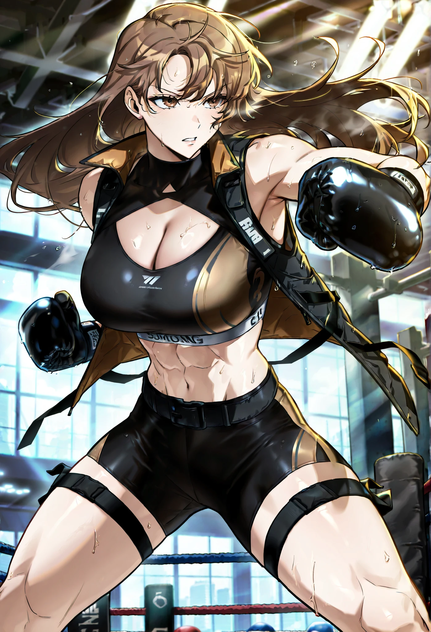 masterpiece, best quality, amazing quality, very aesthetic, absurdres, newest, scenery, 1girl, solo, huge breasts, serious, parted lips, long hair, brown hair, brown eyes, bangs, sports bra,
Sleeveless jacket, open jacket, cleavage cutout, black gloves, black belt, thigh strap, standing, fighting stance, boxing gloves, gym, looking away, shiny skin, masterpiece, best quality, amazing quality, very aesthetic, absurdres, newest, scenery