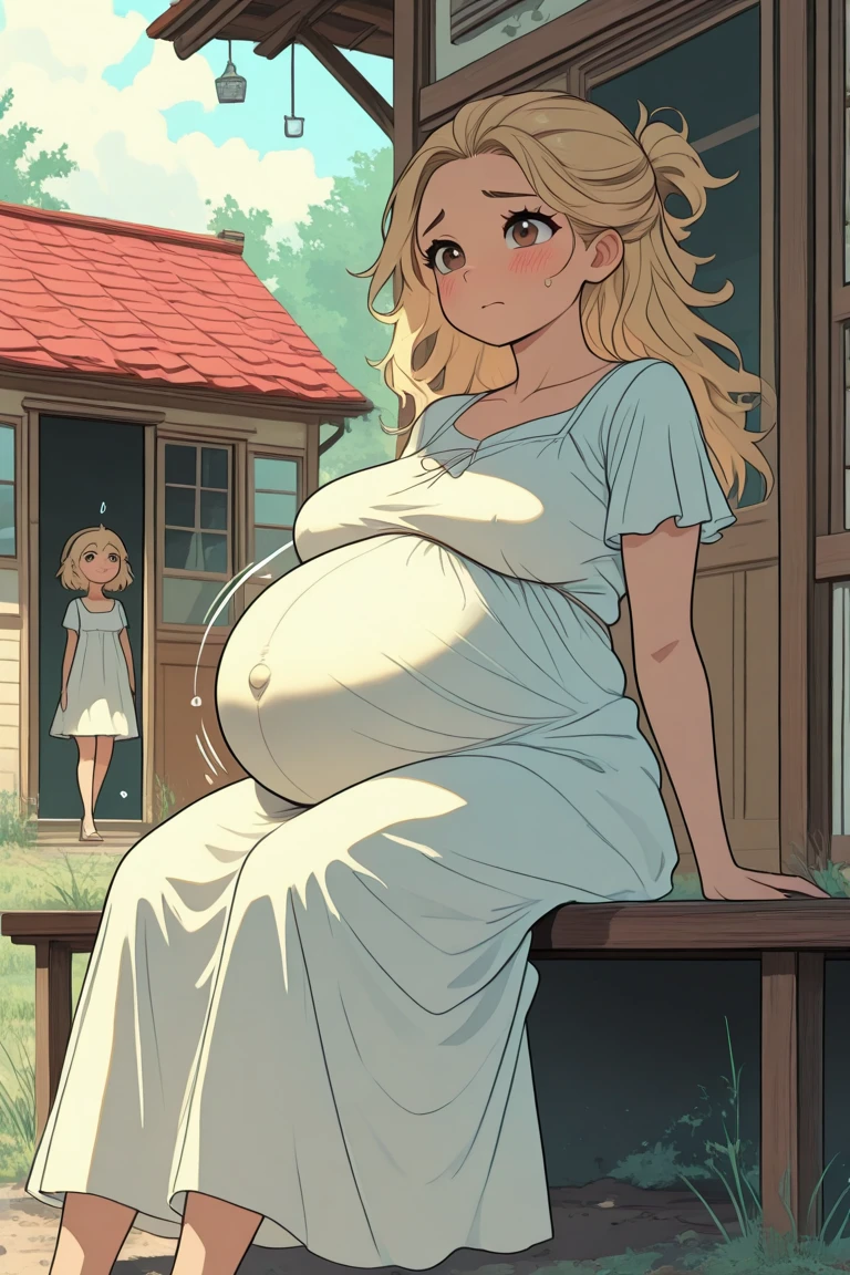 An image of Charlie out for a morning walk with her two little ones and bump, enjoying the sunshine and fresh air,original,Charlie is pregnant, tall and blonde and skinny frame even though she is very pregnant. About eight months pregnant. She is beautiful. She dresses bohemian style. Wears scarves over her hair and headbands. , female