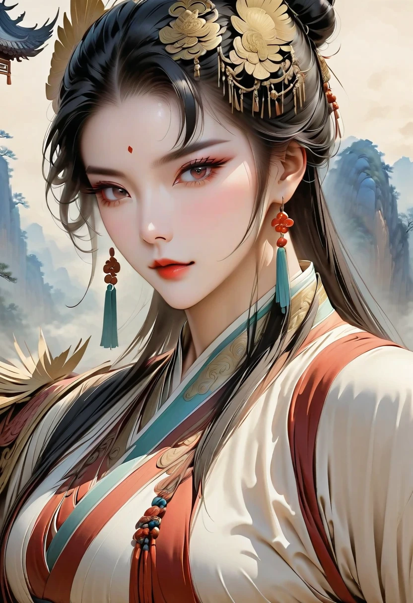 digital image of a young man with a subtle physique , embodying the emperor of China of the time , avec des cheveux noirs très longs qui cascament sur ses épaules comme un rideau de soie , vêtu d'une tunique blanche brodée de motifs traditionnels chinois , debout seul face à un feu d'artifice nocturne éclatant de couleurs vives et scintillantes , projecting dancing shadows on his pale face .