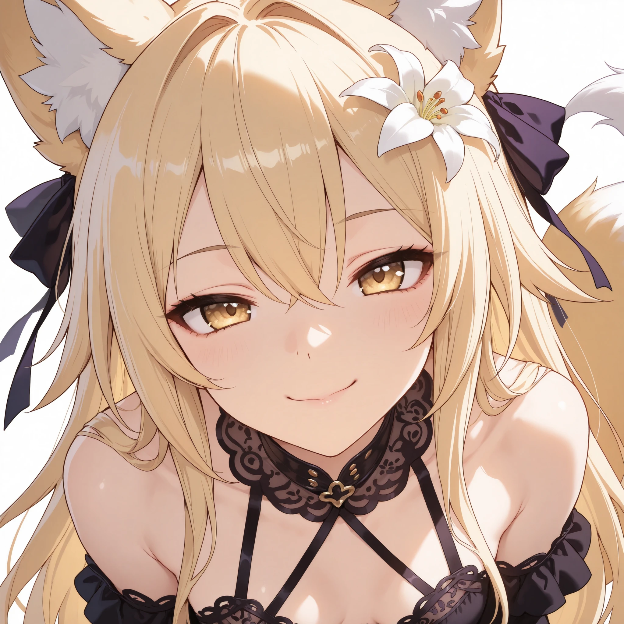 Fox girl, light-blonde, Renard, Fox tail, collar, Beautiful, Long Hair, Golden Eyes with purple shade, small breasts, garter, black lace dress, cheeky, hair ribbon, white lily on hair, alluring, close up face focus, teasing, sexy smile, profile picture, playful, playful, sexy, cunning, sly, Blow kiss