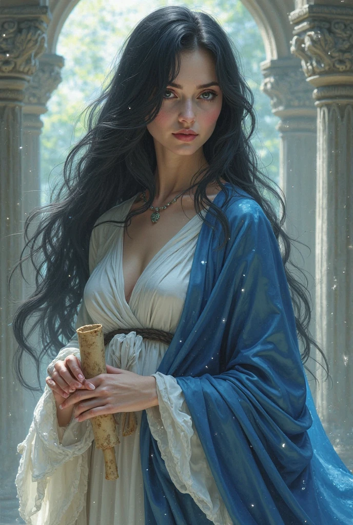 Create image of the beautiful black-haired muse Callíope ,small eyes colored black with blue cloak flowing robes White parchment in the hand 
Looking at me