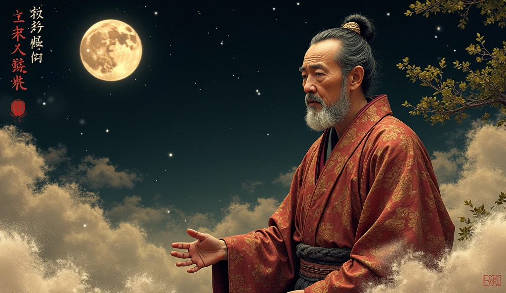 Japanese YouTube thumbnail design with a traditional man in kimono, crescent moon, stars, clouds, dark brown to black background, and Japanese text – educational or cultural theme
