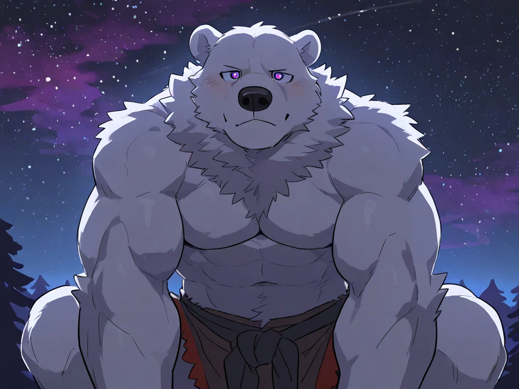 by takemoto arashi, ((full body)), (1boy), solo, male anthro, kemono, hot body, hunk, sexy, bara, handsome boy, (masterpiece, high res, best quality, watercolor shading), 4k, soft skin, Physical man, furry art, professional furry drawing, (((black panther, plain black fur all over his body solid black fur, soft muscle definition, self-black cat, small chest, miniscule lat miscles, stubby arms, short limbs, wide lean waist, very short thick scruffy fur))), scars on one shoulder, thick hands, short round muzzle, chewing on toothpick, tiny twig in his teeth, major overbite, large chin, short round snout, tired eyes, tiny lines for pupils, thick white eyebrows, round pierced bear ears, perfectly circular front facing bear ears, small gold cuff earrings on one ear, helix ear-piercing, orbital ear piercing, thin cat nose, white sumo garb, thick bulky waistband, ((white short narrow headband tied around his forehead, white hachimaki, thin white sweatband on his forehead)), flat stomach, tuft of white hair between his pecs, (thin white mohawk), thin white pubic hair, small white treasure-trail, (((black underbelly, his underbelly is the same color as the rest of his body, one color fur, solid color body, black torso and mouth, perfectly square silhouette))), bored emotion, neutral expression, calm face, closed mouth