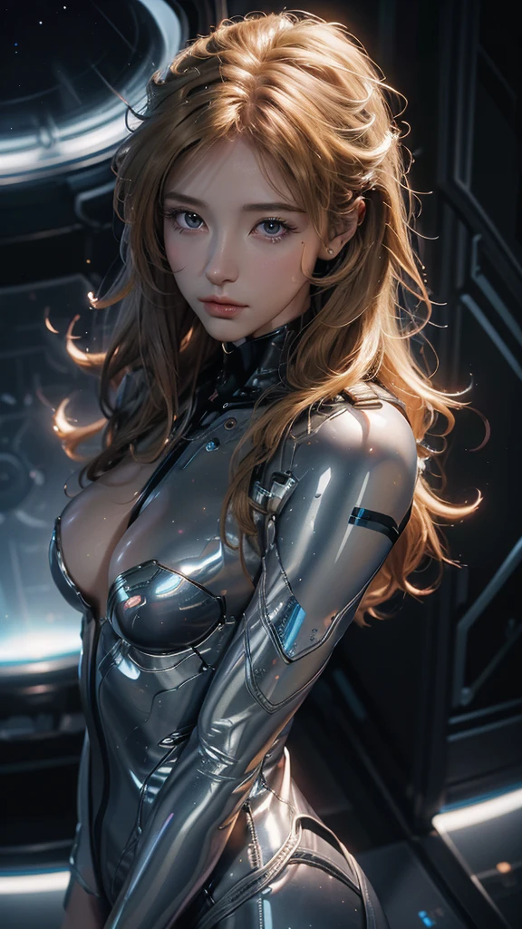 (High quality, High resolution, Fine details), Realistic, ((Futuristic bodysuit with galaxy pattern)), Detailed galaxy, solo, curvy women, Blonde hair, sparkling eyes, (Detailed eyes), smile, blush, Sweat, Oily skin, shallow depth of field, (two heads)
