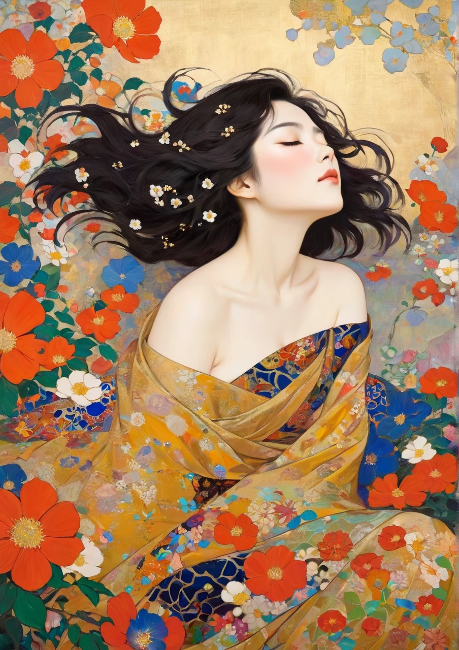 Masterpiece Paintings, Japanese middle-aged woman with Klimt pattern, flat art, Picture books, simple crayon drawing,  abstract,   lots of flowers  , Japanese woman, Masterpiece Japanese Painting, looking at flat illustration,   lots of flowers  , looking at flat illustrationの日本人中年女性, 44 years old, off shoulder,  [Sleepy eyes, disheveled hair, Flowers dancing in the wind,  Bold Composition , beauty in return,