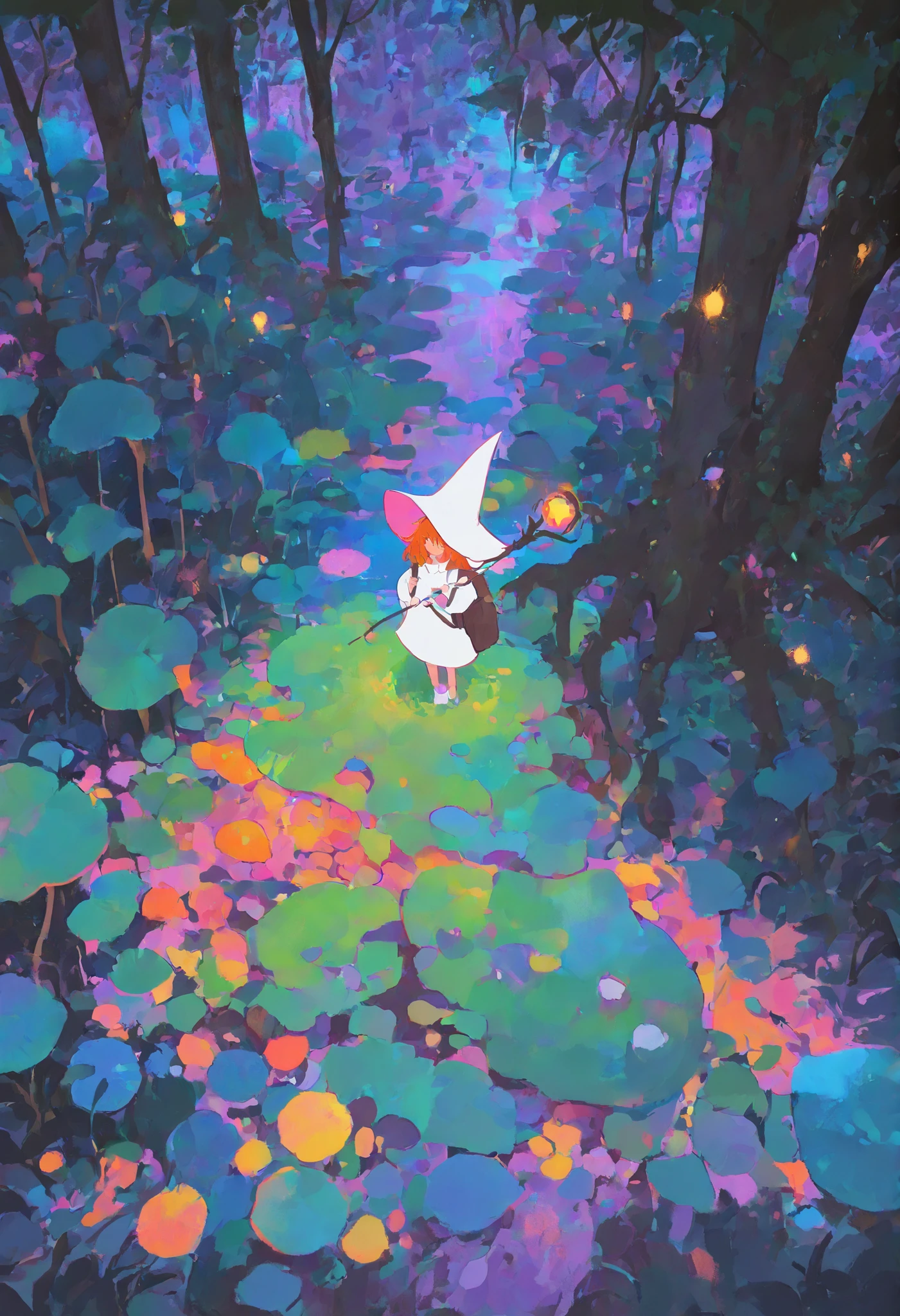 masterpiece, absurdres, newest, very awa, very detailed painting \(medium\), impressionism, purple theme, 1girl, solo, witch hat, white headwear, white robe, ginger hair, holding staff, witch staff, backpack, outdoors, mushroom forest, tall mushrooms, leaves, roots, from above, high angle,