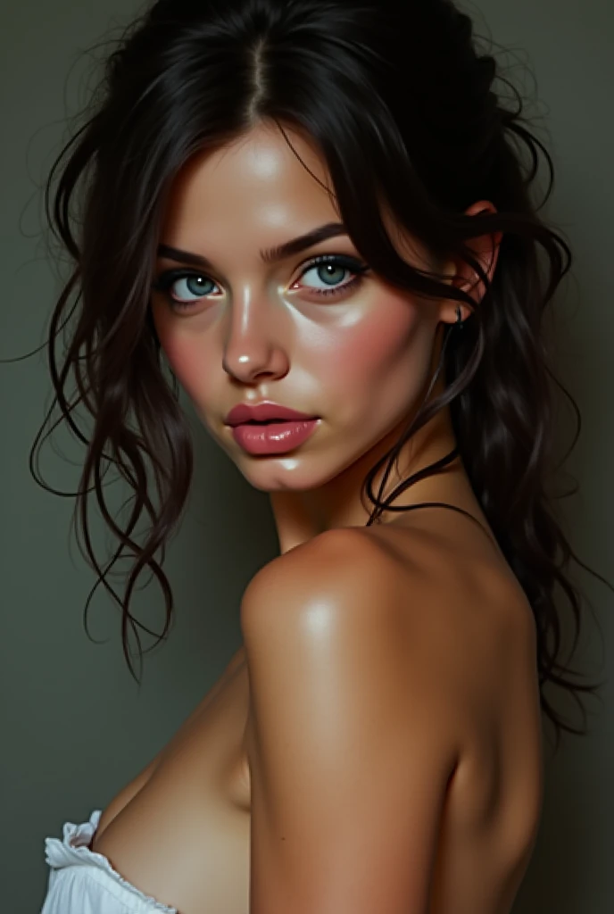Naked with her back to the camera, pussy in perfectly focused close-up, fine details, delicate skin super details best illustration, masterpiece, beyonce , masterpiece, hyper-realistic, natural lighting, fine details, perfect and enhanced c-cup tits, painted lips deep red color and green eyes in a wet shower