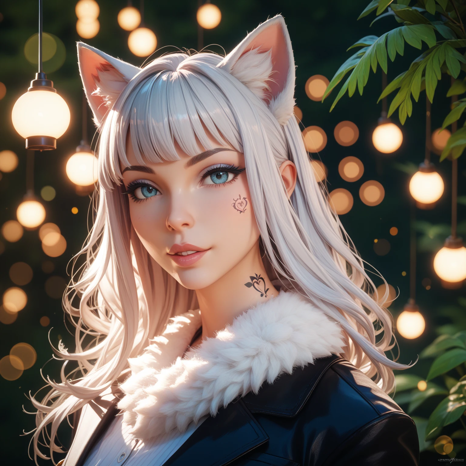 high quality white fur cat tattoo、Distinctive facial expressions、Graceful Poses、The background is a deep forest、mystical atmosphere with light shining in、realistic artwork、detailed 4K rendering、PROFESSIONAL TOUCH、Bokeh Lights、Rich color saturation、impressive colors