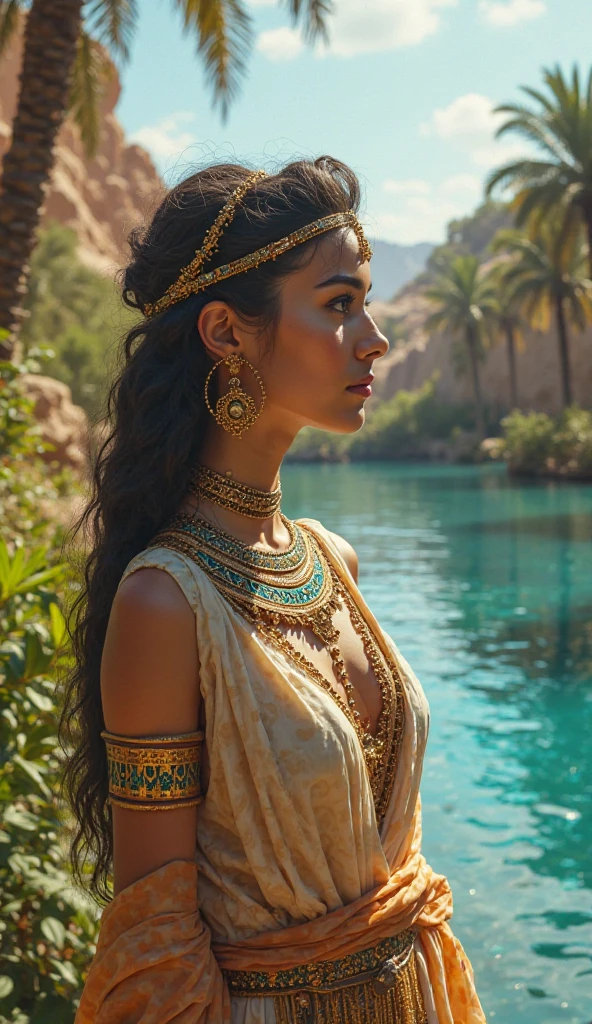 Beautiful woman from ancient Egypt on the banks of the Nile river admiring the landscape 