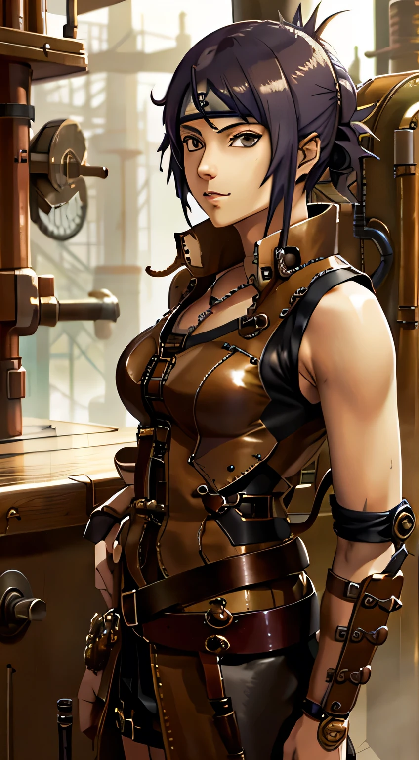 Masterpiece, stunning realistic, best quality, anko mitarashi, wearing sleeveless steampunk clothes, in a steampunk city, steampunk world, in the middle of steampunk city filled with steampunk building