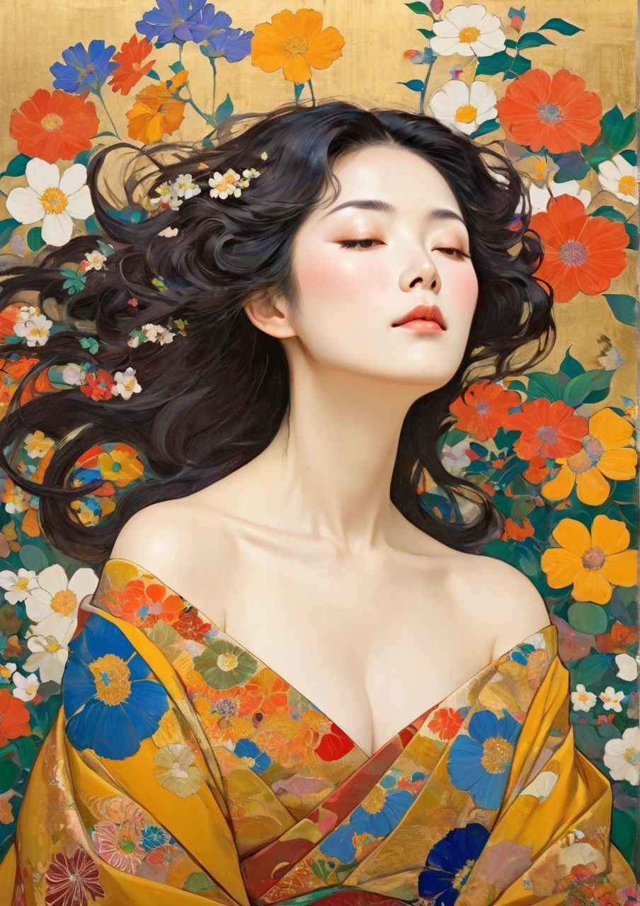 Masterpiece Paintings, Japanese middle-aged woman with Klimt pattern, flat art, Picture books, simple crayon drawing,  abstract,   lots of flowers  , Japanese woman, Masterpiece Japanese Painting, looking at flat illustration,   lots of flowers  , looking at flat illustrationの日本人中年女性, 44 years old, off shoulder,  [Sleepy eyes, disheveled hair, Flowers dancing in the wind,  Bold Composition , beauty in return,