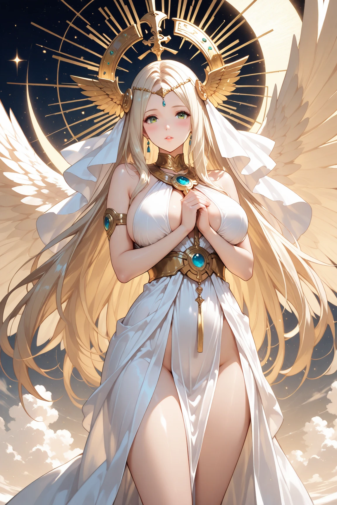 photorealistic, (hyperrealistic:1.2), beautiful, masterpiece, best quality, extremely detailed face, perfect lighting, nice hands, perfect hands, A divine and radiant angel in celestial splendor, (heavenly presence:1.2), (serene expression), (majestic wings), (ethereal glow:1.1), (peaceful and comforting), (transcendent beauty), (divine grace), (symbol of purity), (golden halo), (uplifting atmosphere), (celestial realm), (spiritual enlightenment), (gentle and protective), (illuminating light:1.2), (seraphic figure), (harmony and serenity), (angelic robes), (timeless and celestial), (captivating aura), (healing and guidance)