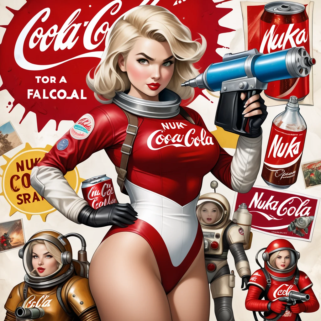 a woman in a helmet sitting in a spaceship drinking a coke from a classic bottle