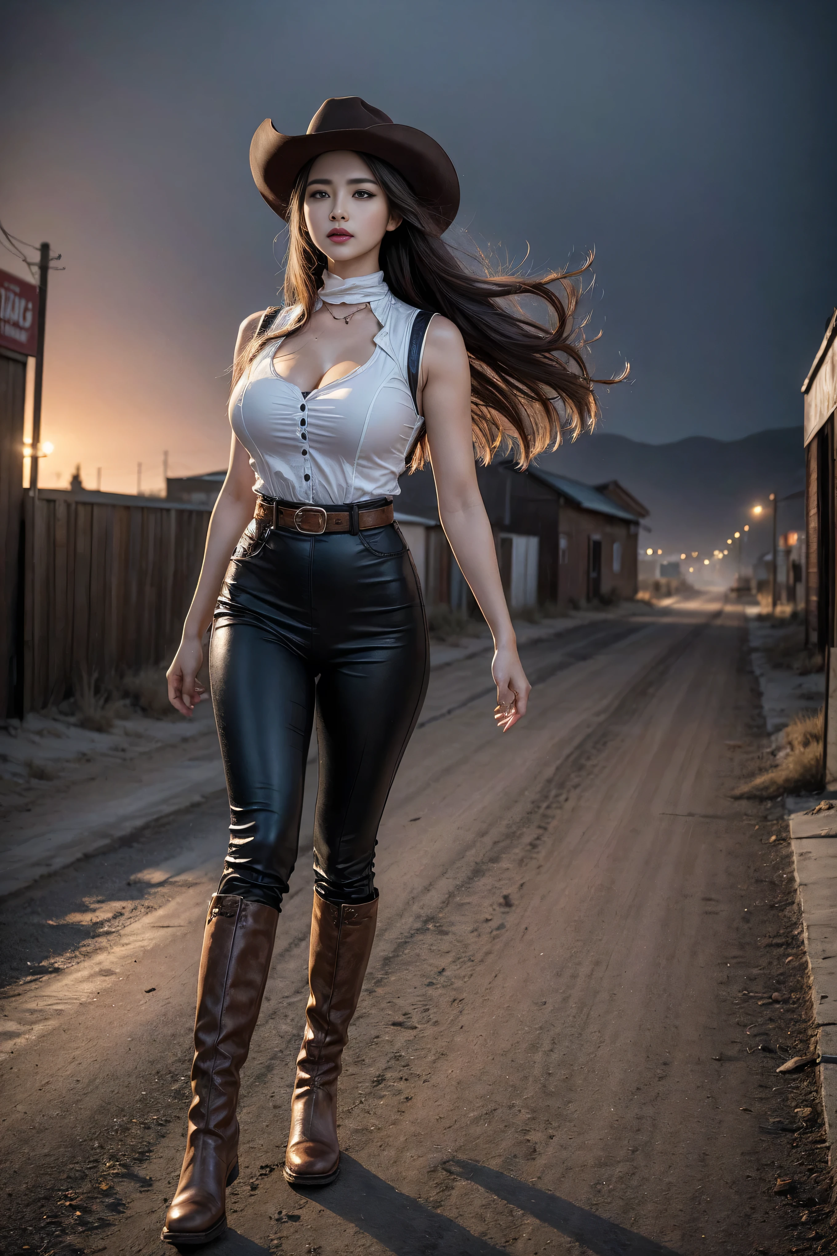 8k,  masterpiece, RAW photos, best quality at best,Full body western cowboy woman circa 1880s，K-Pop Idols。Brown long straight hair, blue eyes, High arched eyebrows, Slender and graceful neck,  sexy and plump red lips , big breasts,（Long Legs：1.5），（Thigh gap：1.5），Brown Leather Tights, Sleeveless Brown Leather Vest, Leather Boots, Walking on the dusty sandy streets of a deserted North American town， the wind blows her hair ,  actual , photo actual , photo actual , fear, Dark gloomy atmosphere and dramatic lighting, Dark red, Foggy environment, Delicate facial expressions, Terrible fog。