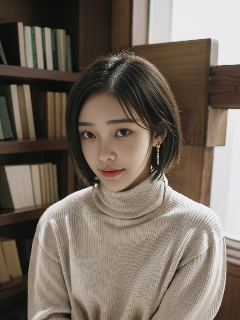 (top-quality、​masterpiece、超A high resolution、Photorealsitic、lighting like a movie:1.3)、japanese beautiful woman、((beautifull detailed face、double eyelid、long lashes、bob cuts))、(Thick sleeveless sweater with turtleneck、livingroom、Luxury leather sofa:1.2)、(ultra gigantic tits:1.5)