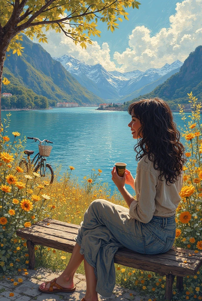 A girl who is happy with dark wavy hair, who has a cup of coffee, who is sitting on a bench but who is happy, quiet, relaxed, also next door with a bicycle, but also whose flowers are there must be in Van Gogh's style horizontally, also this one that is with Van Gogh's, who has a lot of brushstrokes, that the space is as quiet as bright as it also has as a city and mountains, this one can also see what the lake is and that's it