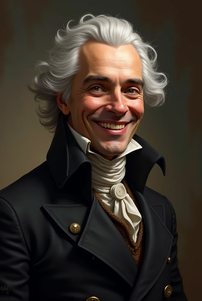 Generate a profile for me about Maximilien Robespierre that is for a profile picture and that seems a little crazy and that he is smiling like crazy and that he is realistic and that you can tell that he is crazy
