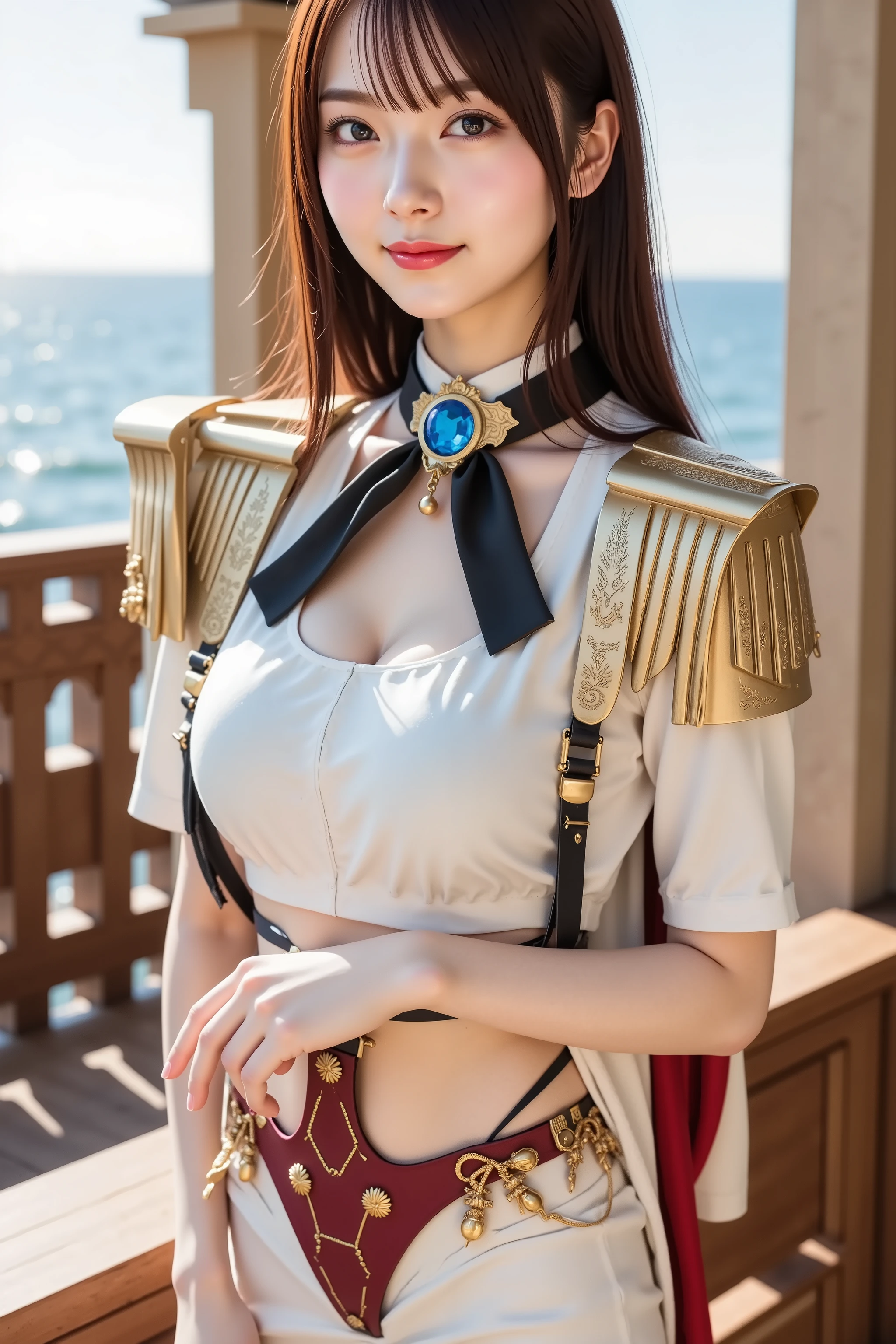 haruka, firm breast, ultra-detailed 8K CG illustration of a strikingly elegant young woman with long, flowing crimson red hair and vivid sapphire blue eyes, standing poised on a sunlit wooden terrace overlooking a shimmering ocean. Her entire body is fully included in the frame from head to toe without any cropping, allowing full appreciation of her powerful stance and intricately designed outfit. Her hair moves gently in the breeze with natural highlights enhancing the richness of its deep red tone, while a large, structured black ribbon tied at her back adds dramatic volume and a formal flair. She wears a meticulously crafted white high-collared top adorned with ornate gold embroidery and a blue gemstone brooch centered at her neck. The shoulders feature sculpted gold-trimmed armor plates, reflecting a ceremonial military style. Her fitted bodice follows the contours of her figure with precision tailoring and vertical red-and-gold accents, tapering into a wide crimson waist belt decorated with filigree patterns and ornamental chains that drape with elegant weight. Instead of a traditional robe, her lower garment is a modernized white mini skirt embroidered along the hem with subtle golden patterns, offering a contemporary balance of authority and femininity. A set of dark thigh straps and sleek, high-heeled leather boots with functional clasps and gold accents complete the look. Her posture is upright and composed, with one hand lightly curled at her side and her expression calm yet commanding. The background consists of a richly rendered wooden terrace with carved railings and classical columns bathed in warm afternoon sunlight. The ocean beyond sparkles under the golden sky, with soft highlights bouncing off the waves and faint reflections appearing in the polished floorboards. Light and shadows fall realistically across her figure and surroundings, accentuating the textures of fabric, leather, skin, and metal. The visual style is hyper-realistic, focusing on ma