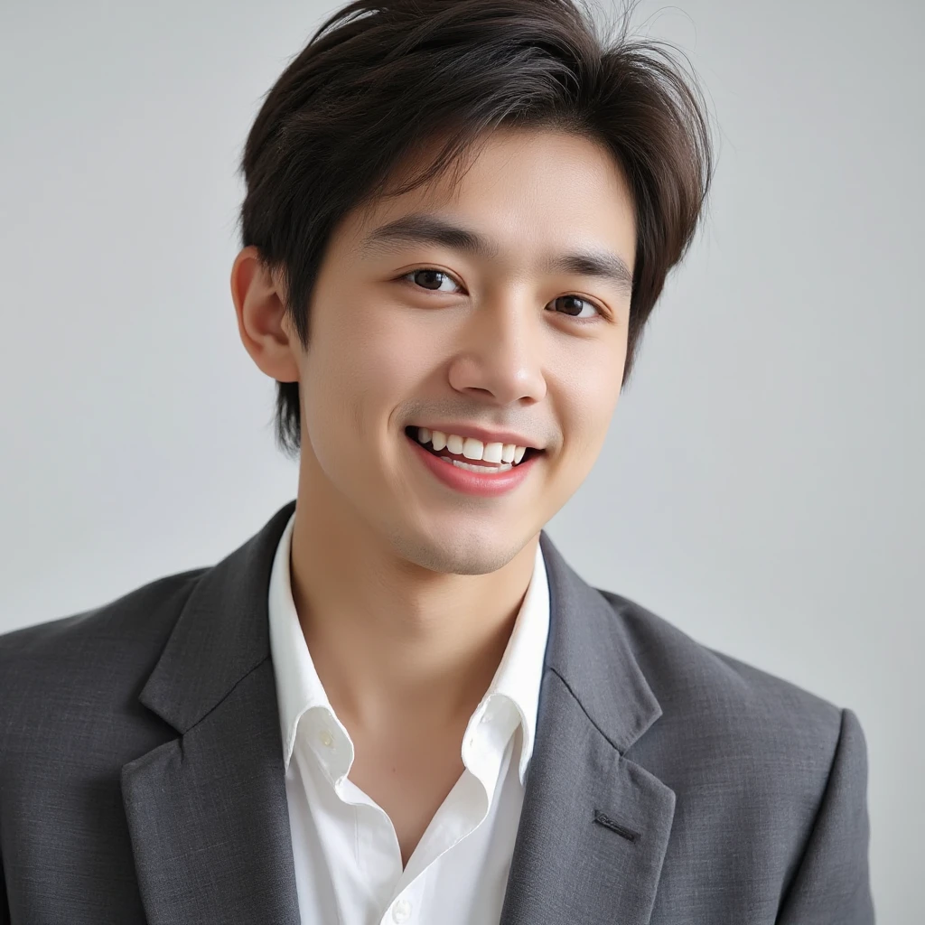 (((male))), 29 years old, Japanese, HD, True-to-life imagery, Upper body composition, The face is illuminated, Black short straight hair, Sharp eyebrows, Squinting,With a hint of cunning, Pointed nose, Thin lips smile, Wear a smart casual button-down shirt,Roll up your sleeves, A watch that reflects attention to detail, Underdeveloped but healthy muscles, Background is a modern office environment,