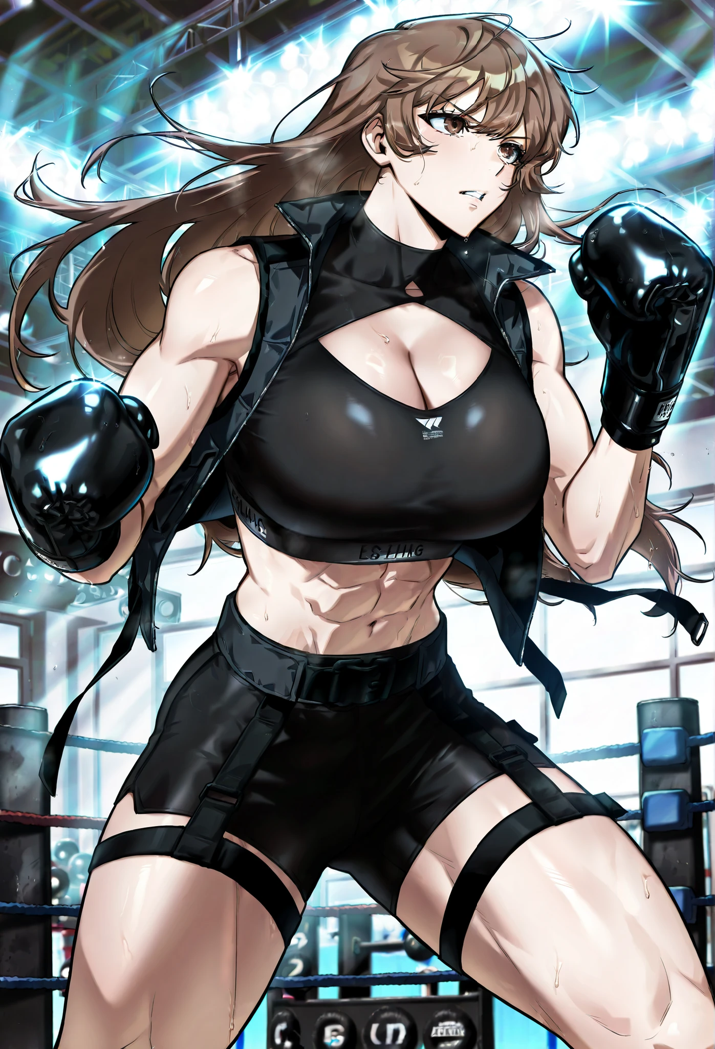 masterpiece, best quality, amazing quality, very aesthetic, absurdres, newest, scenery, 1girl, solo, huge breasts, serious, parted lips, long hair, brown hair, brown eyes, bangs, sports bra,
Sleeveless jacket, open jacket, cleavage cutout, black gloves, black belt, thigh strap, standing, fighting stance, boxing gloves, gym, looking away, shiny skin, masterpiece, best quality, amazing quality, very aesthetic, absurdres, newest, scenery