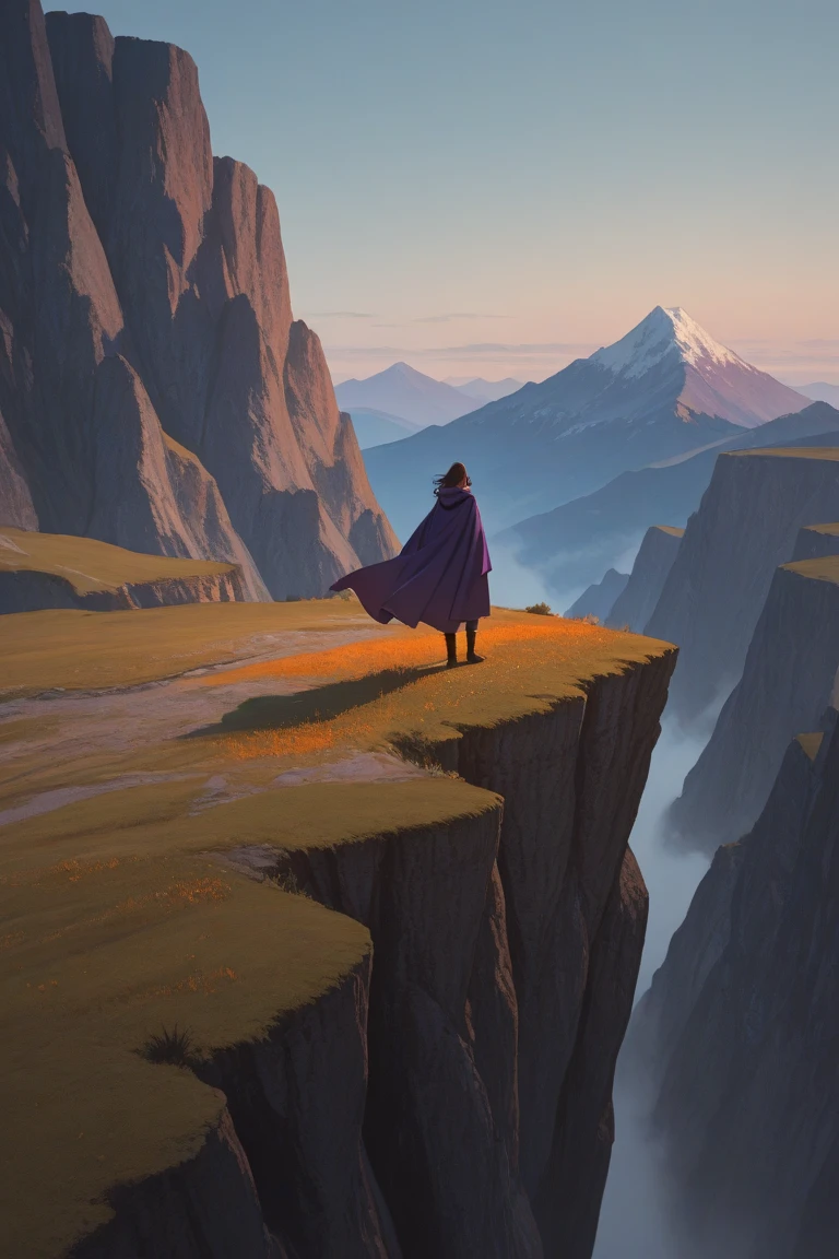 A silhouetted adventurer standing on the edge of a cliff, looking at the vast landscape with mountain views, hutan, and the twilight sky is graded orange to purple. The wind blows his cloak, gives the impression of a boundless spirit of exploration.
