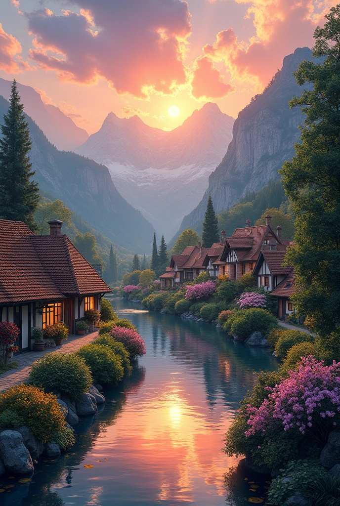 a small village by the river, mountains in the background, floral flowers colorful, detailed landscape, Beautiful natural landscapes, atmospheric lighting, scorching sunset, warm colours, practical, photopractical, Detailed Foliage, complex buildings, cobblestone street, Charming country house, swirly vibrant colors, lush vegetation, Still water reflections, Picturesque, idyllic, work of art, best qualityer, 8k, extremely detaild,anime styling
