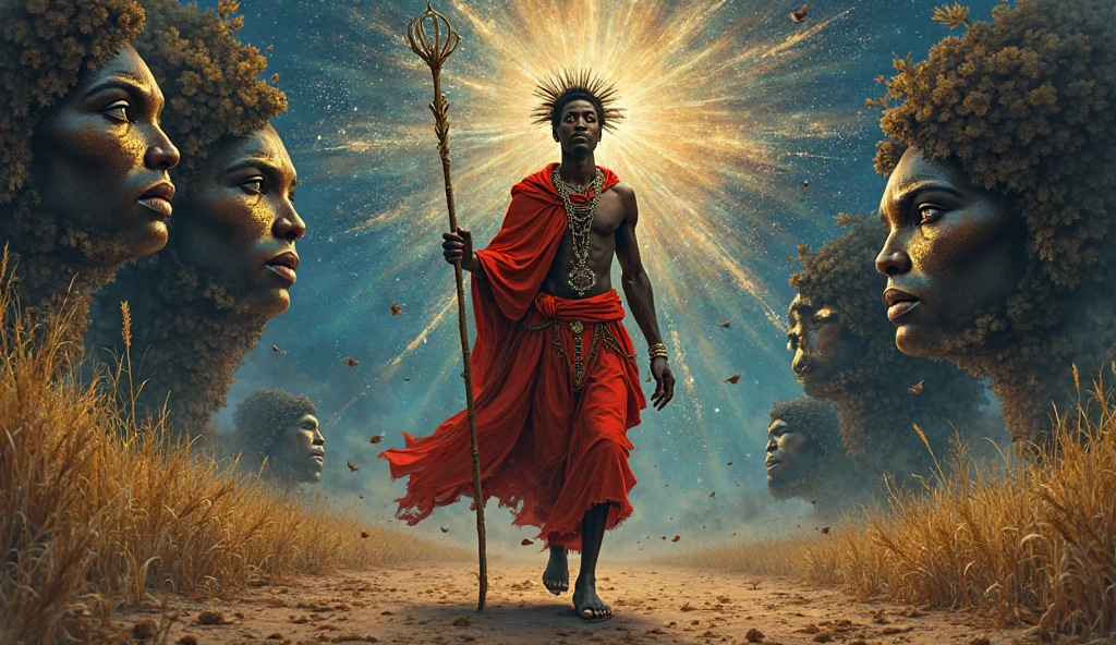  sacred African spirit walking between two realities — one spiritual, one physical. Exu wears red and black garments, carrying a staff. Behind him, a cosmic sky and ancestral faces watching. The image is metaphorical, not literal. Style: Afro-mystical art, spiritual realism.  Please respect African traditions and do not use Western influences