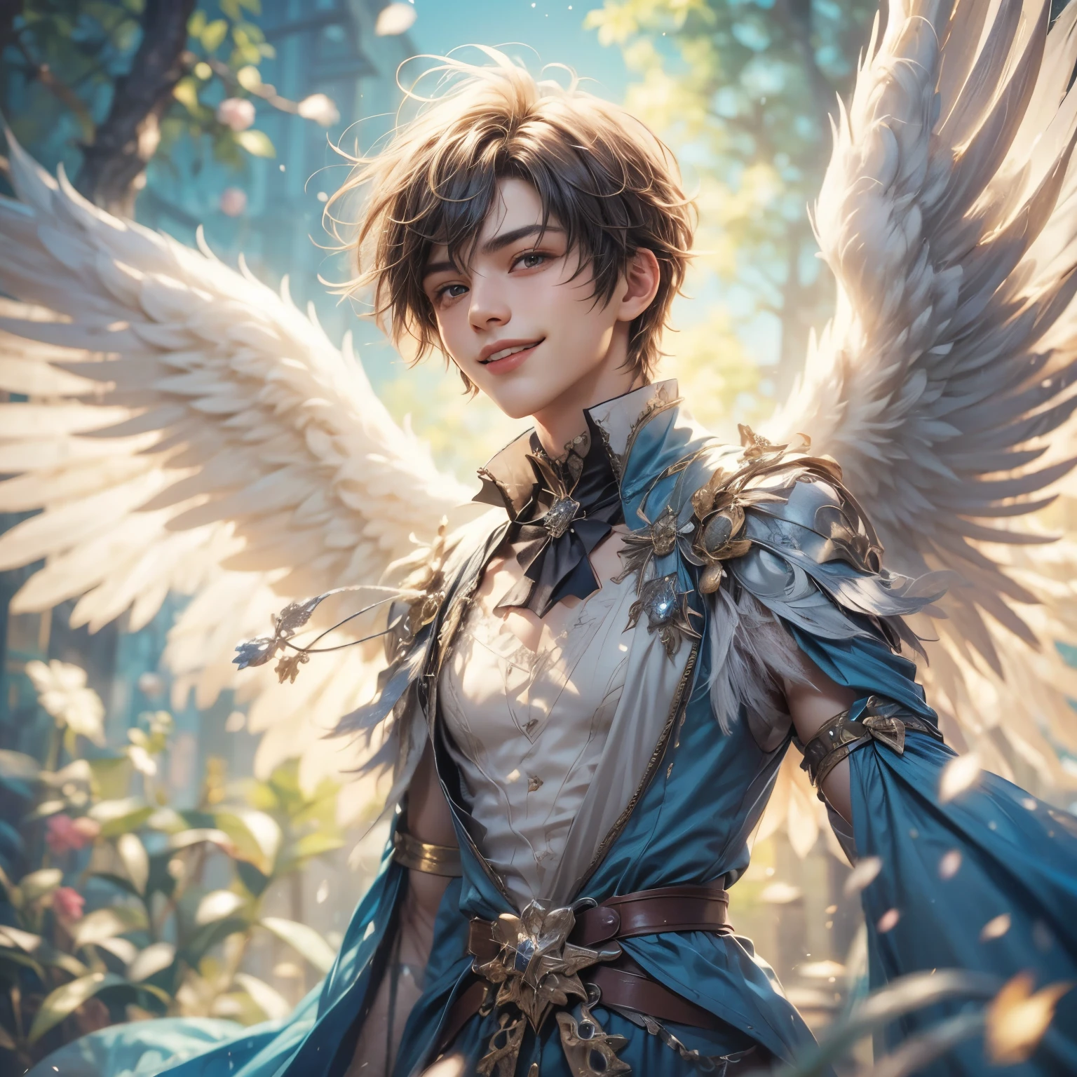 A young, smiling male angel wearing an aquamarine cloak and blue-plated gothic embellished clothing in the world of light