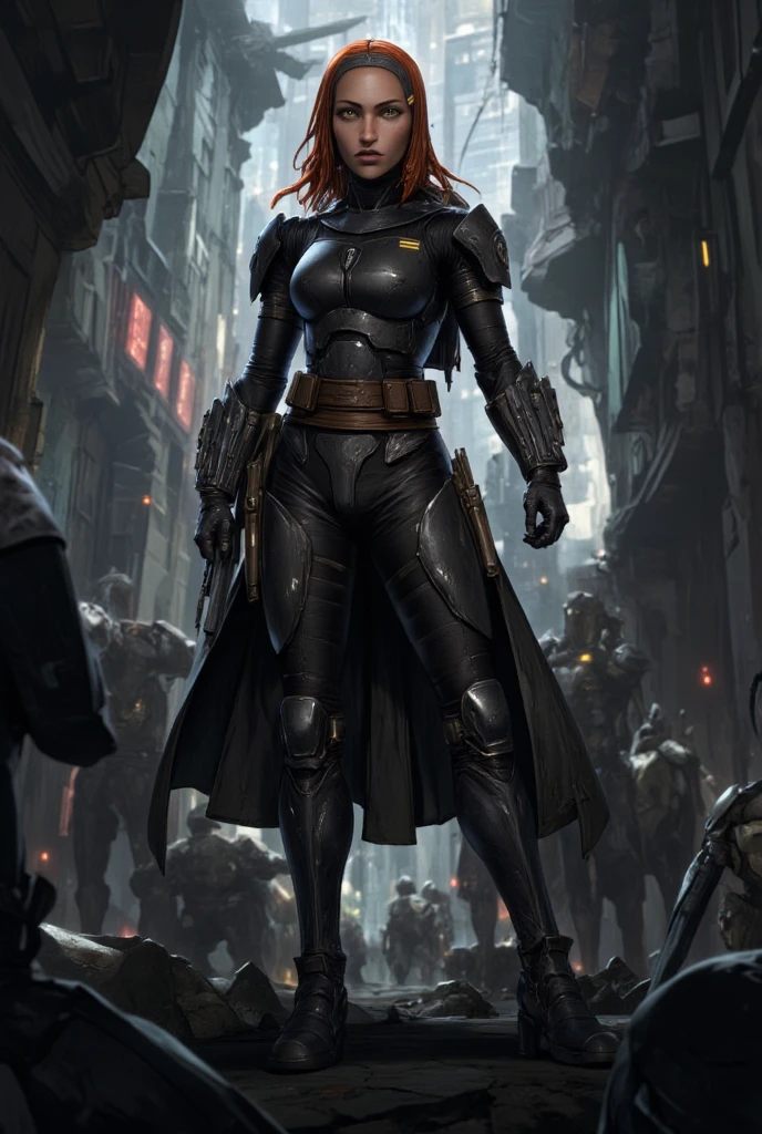 a woman, full body, a short brown jacket over a tight black bodysuit, utility belt, combat boots, black gloves, long eyelashes, [[nose freckles]], realistic, ultrarealistic, highly detailed, absurdres, abstract background <lora:detail_slider_v4:3>
