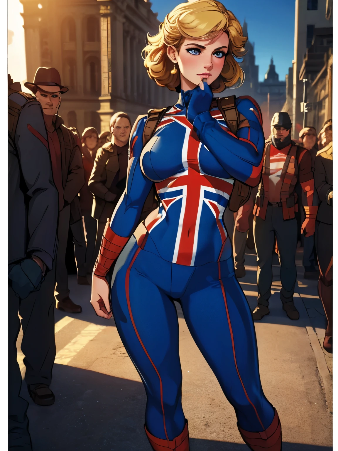 (masterpiece:1.3), (8K, Realistic, RAW Photos, Highest quality: 1.4), (One Girl), Beautiful Face, (Realistic Face), Beautiful Hairstyles, Realistic eyes, Beautiful details, (Realistic Skin), Beautiful Skin, Absurd, charm, Ultra-high resolution, Ultra-realistic, Very detailed, Golden Ratio, (Best Shadow), Cinematic, (Complex:1.4), High Contrast, Side lighting, ((Princess Diana)), ((full body)), Fighting pause, 微笑, ((Accurate hands and fingers)), ((captain Britain)), Caucasian female, (Blonde Hair, short hair:1.3), (she have UnionJack costume), (UnionJack round shieldを構える), BREAK ((全身を写す))
