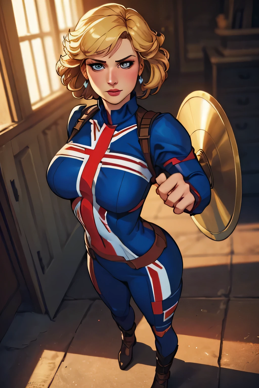 (masterpiece:1.3), (8K, Realistic, RAW Photos, Highest quality: 1.4), (One Girl), Beautiful Face, (Realistic Face), Beautiful Hairstyles, Realistic eyes, Beautiful details, (Realistic Skin), Beautiful Skin, Absurd, charm, Ultra-high resolution, Ultra-realistic, Very detailed, Golden Ratio, (Best Shadow), Cinematic, (Complex:1.4), High Contrast, Side lighting, ((Princess Diana)), ((full body)), Fighting pause, 微笑, ((Accurate hands and fingers)), ((captain Britain)), Caucasian female, (Blonde Hair, short hair:1.3), (she have UnionJack costume), (UnionJack round shieldを構える), BREAK ((全身を写す))