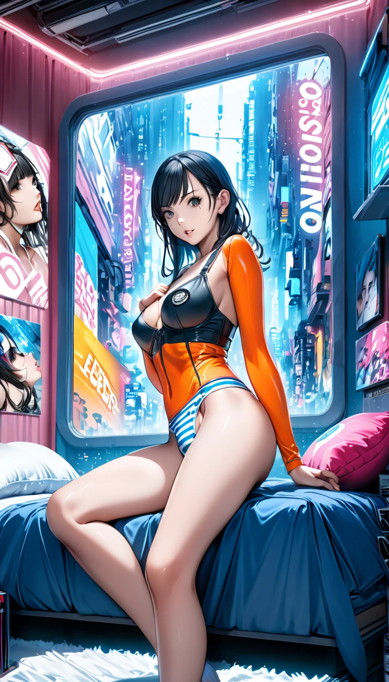 (close up shot), high quality, best quality, masterpiece, thighs, bright blue detailed eyes, sexy Misato Katsuragi, cyberpunk neo tokyo well lit highrise building, filled with neon signs, (medium sagging breasts, perfect anatomy), well lit by red neon lights, ((see-through, see-through breasts)), ponytail, (translucid)