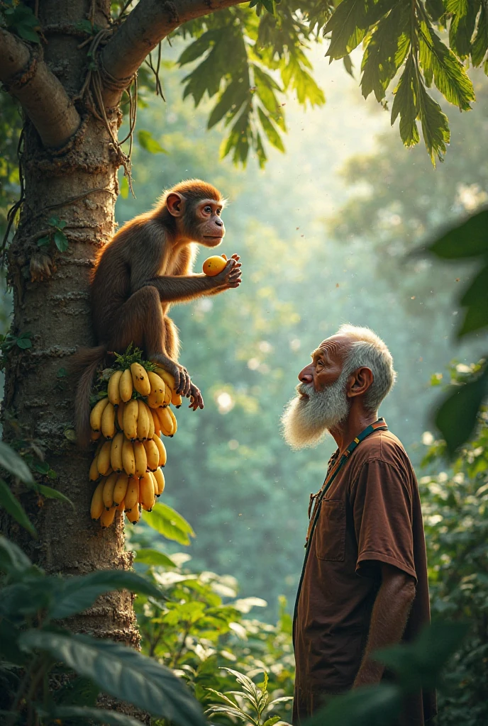 জঙ্গলের ভিতরে একটি বউ কলাগাছে একটি বানর বসে  পাকা কলা খাচ্ছে ও একটি বৃদ্ধ লোক তার সামনে দাঁড়িয়ে আছে