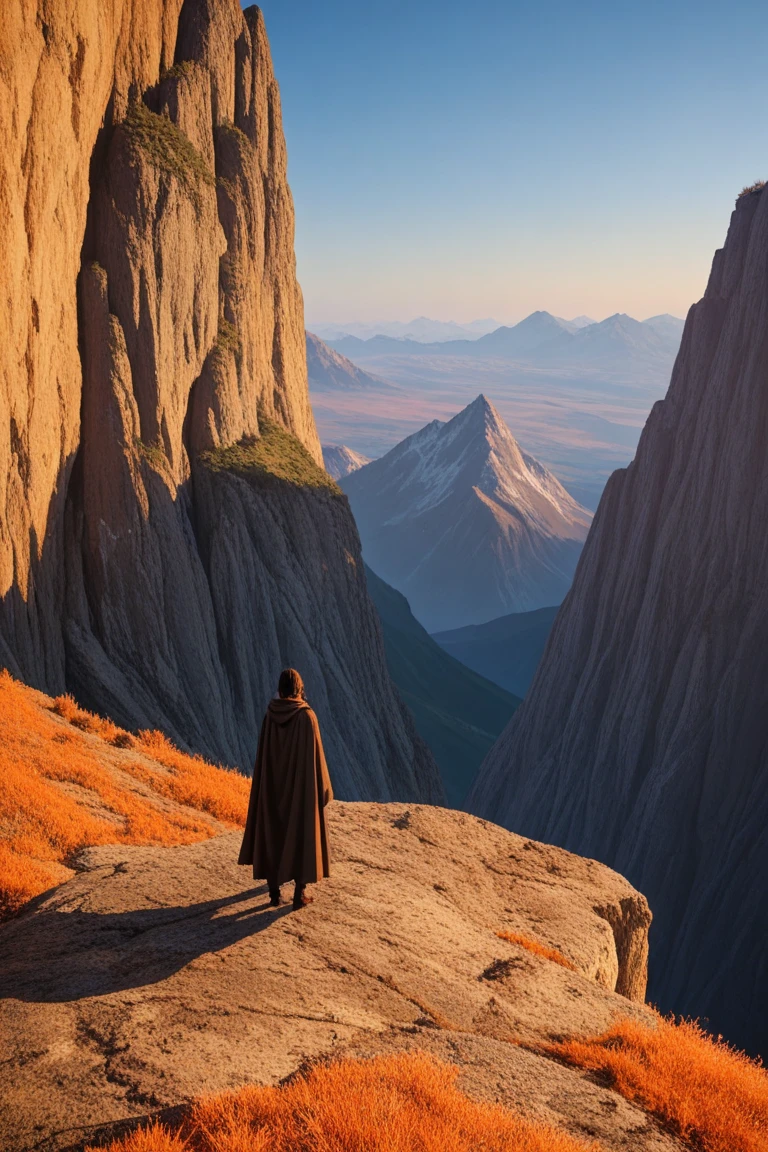 A silhouetted adventurer standing on the edge of a cliff, looking at the vast landscape with mountain views, hutan, and the twilight sky is graded orange to purple. The wind blows his cloak, gives the impression of a boundless spirit of exploration.