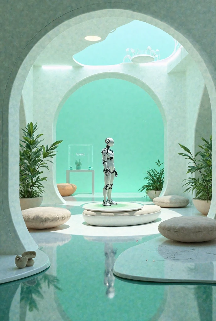 Amazing modern furniture and lighting in a futuristic cs-m3tal-ok_v06-1000 living room inhabited by a graceful cybernetic woman. Moroccan color palette. A large window has a view of a magnificent summer landscape, path, bright sunlightoutside. Very detailed, intricate, photorealistic, crisp edges.