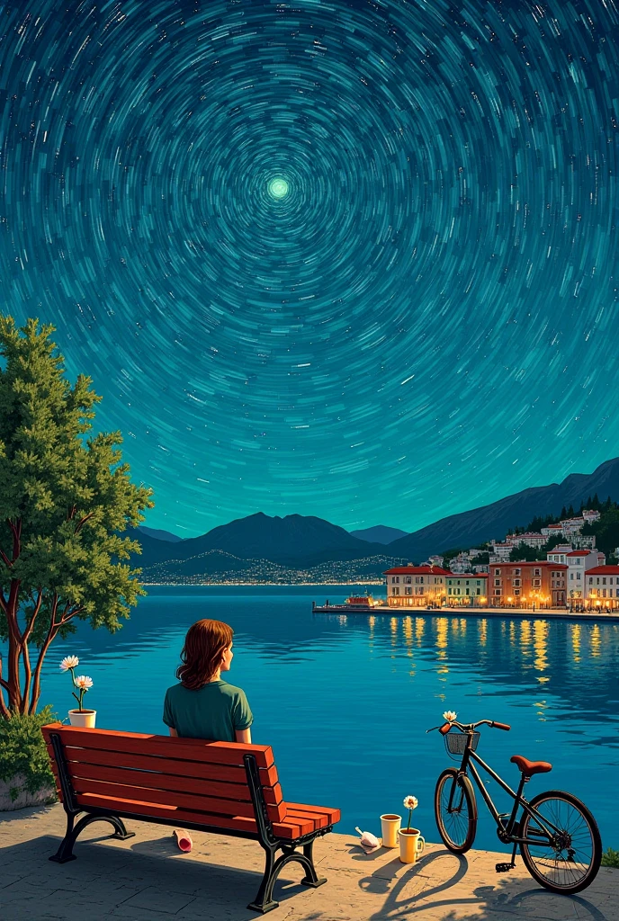 symbolic self-portrait in the style of Vincent van Gogh, with visible brushstrokes , vibrant colors and composition in a horizontal direction. The scene depicts a quiet night in a city similar to New York or a European coastal city like in Greece. The sky is full of stars spinning in spirals, in turquoise tones , navy blue and emerald, with reflections that softly illuminate buildings, distant mountains and a lake that surrounds part of the city. There are no visible human figures, but there are symbolic details such as a bench with a flower, a cup of coffee and a bicycle leaning close to the water. The whole background transmits a mixture of tranquility, happiness and inspiration, with a touch of surprise and freedom. A lot of brushstroke technique and with a girl who is not as noticeable but who is happily and calmly 