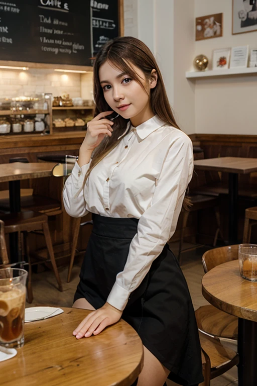 top-quality, ​masterpiece,high-detail, 16k image, school girls sit by the window in a café, holding warm coffee cups, engaged in delightful conversation with friends. Beyond the window, rain falls softly, and city lights create a beautiful spectacle. Capture their smiles and the beauty of rain through the window., Medium bob hair,Light brown beautiful hair, beautiful eyes of light brown, plump big breasts, Constricted waist, White open collar blouse, pleatedskirt,