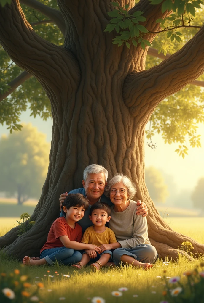 a tree with roots showing in the ground and a family with grandparents, pais, Mothers and ren sitting around at the foot of the tree, with the sunlight shining over the calm landscape 