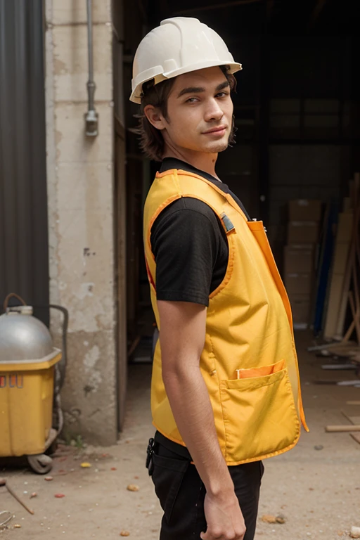 a man, an architect by profession, wearing a white project helmet, wearing a white shirt and an orange vest